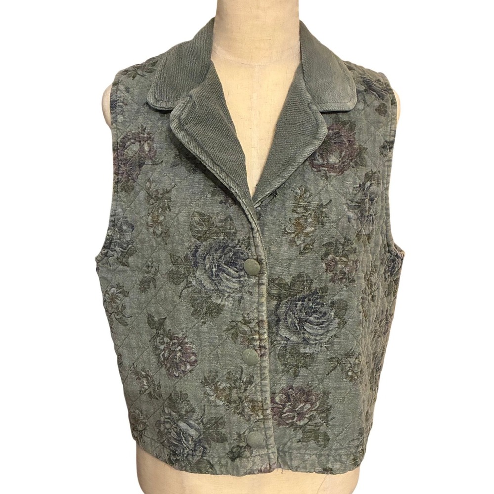 Vintage RWBL Los Angeles Quilted Floral Vest Sage Green Small